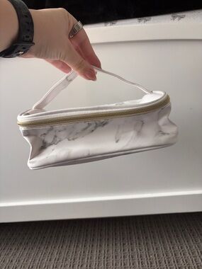 White Marble-Print Cosmetic Pouch with Gold Zip